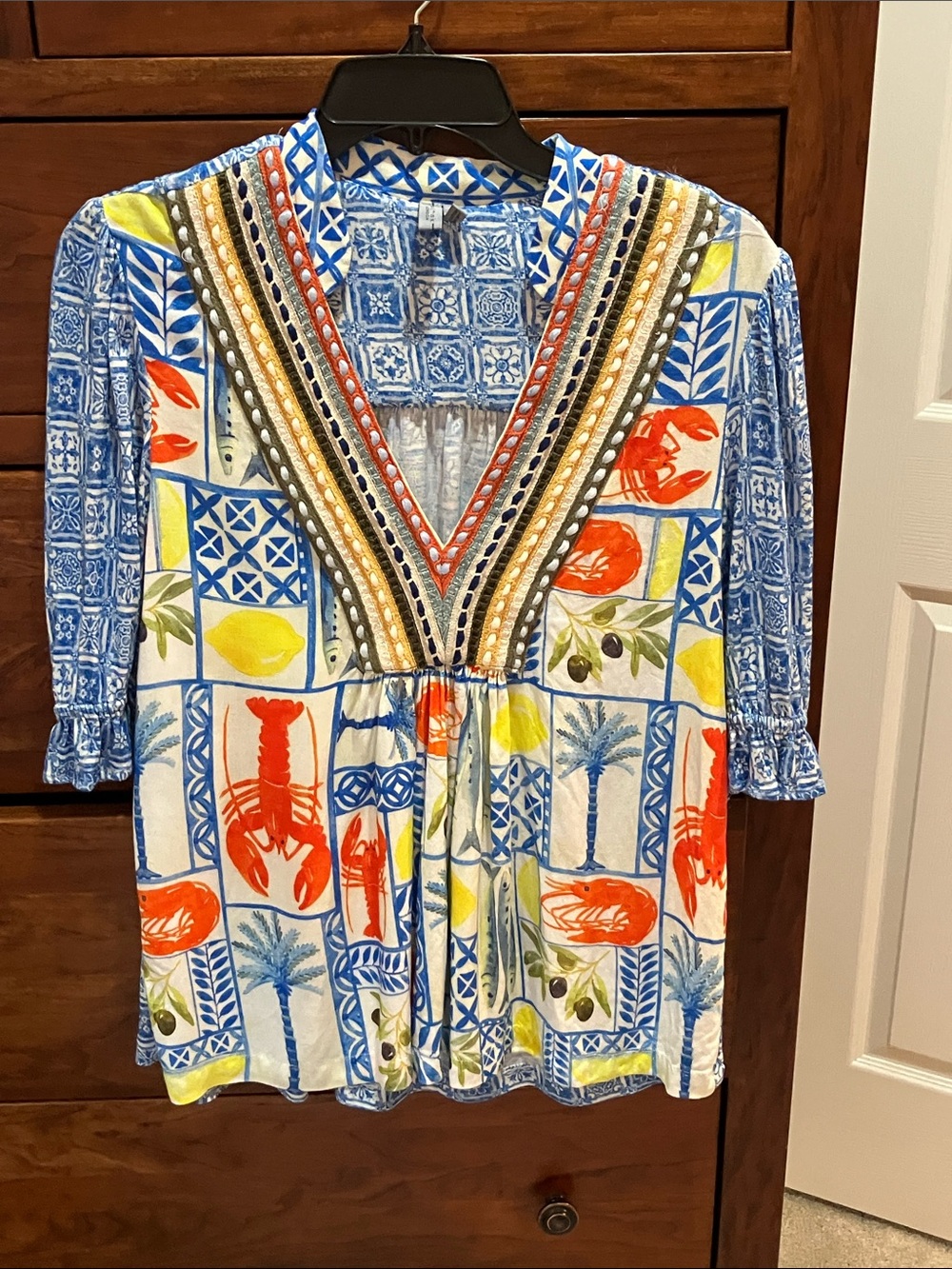 Anthropologie Bl_nk London Stephanie Blue Tile Lobster Print V Neck Top